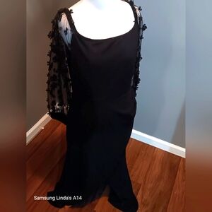 Elegant Dark Navy Blue Dress with Sheer Sleeves